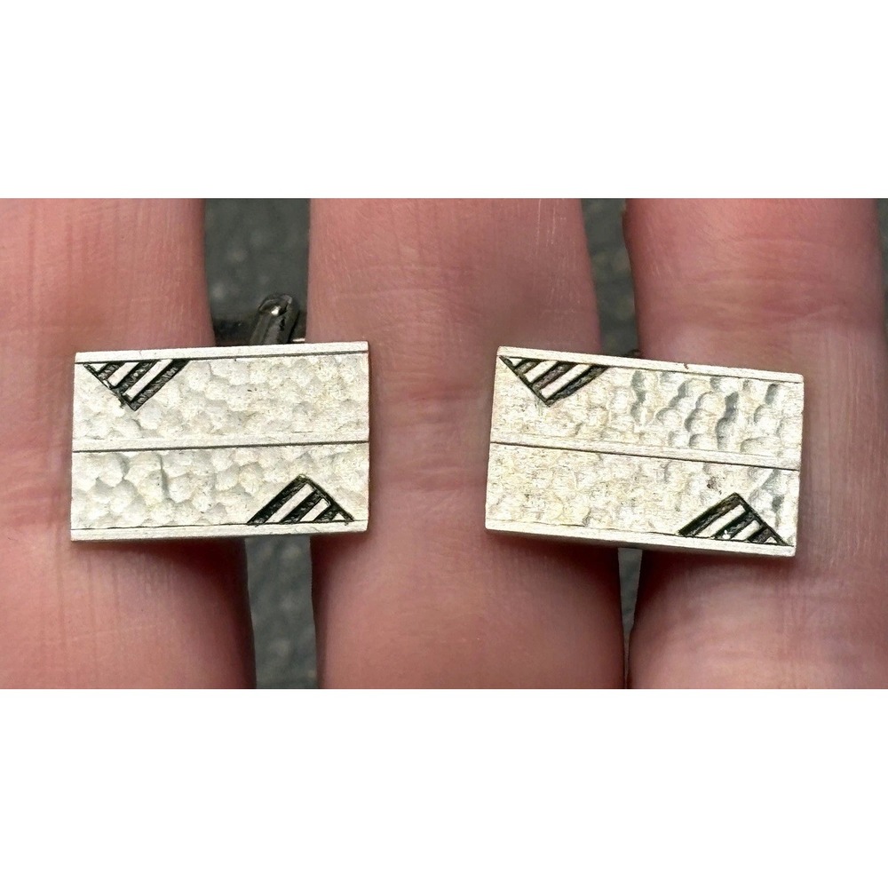 Vintage Swank Silver Tone Cufflinks Hammered Geometric Black Enamel Deco Style